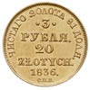 FAŁSZERSTWO! 3 ruble = 20 złotych 1836, Petersburg, złoto 3.91 g, Plage 303, Bitkin 1077 (R)