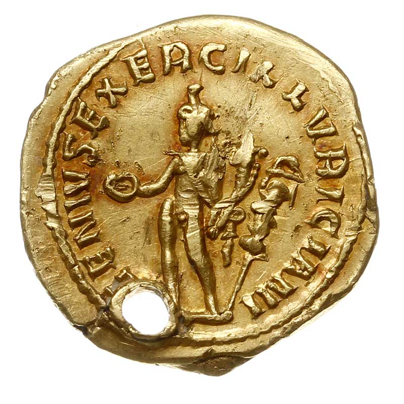 Trajan Decjusz 249-251, aureus 249-251, Rzym, Aw: Popiersie cesarza w prawo, IMP C M Q TRAIANVS DECIVS AVG, Rw: Geniusz z paterą i rogiem obfitości stojący w lewo, za nim sztandar obozowy, GENIVS EXERC ILLVRICIANI, złoto 4.94 g, RIC 16, C. 48, Calico 3290, moneta przedziurawiona w epoce