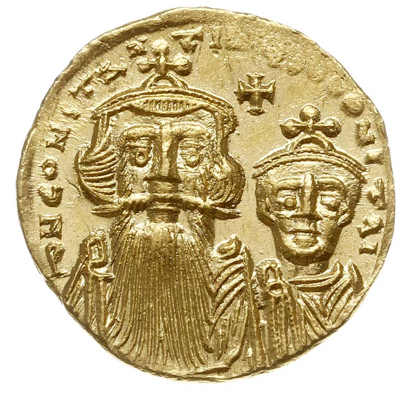Konstans II i Konstantyn IV 641-668, solidus 654-659, Konstantynopol, złoto 4.43 g, Sear 959, DOC 25, piękny egzemplarz