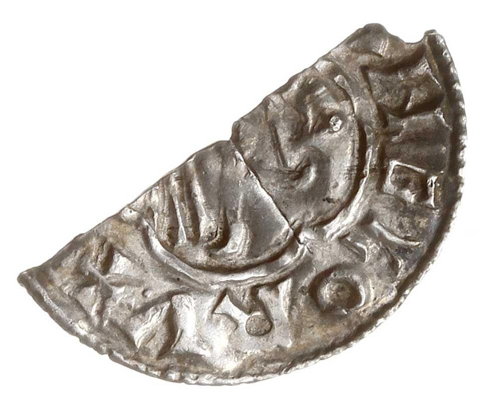 zestaw 2 połówek denarów: 1) Aethelred, połówka denara typu CRVX, mennica nieczytelna, mincerz Elfwine, ... LFPINE M..., srebro 0.77 g, Seaby 1148