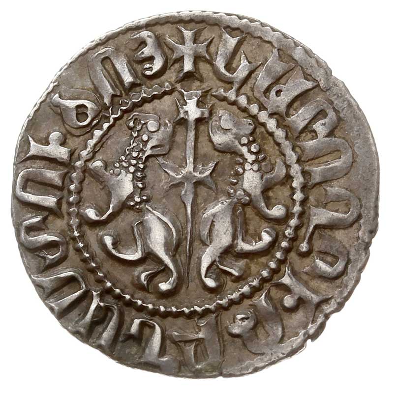 Lewon I 1198-1219, tram, Aw: Król siedzący na tronie na wprost, Rw: Krzyż pomiędzy dwoma lwami skierowanymi plecami do siebie, lecz patrzącymi na siebie, srebro 2.92 g, Nercessian 286, CCA 234