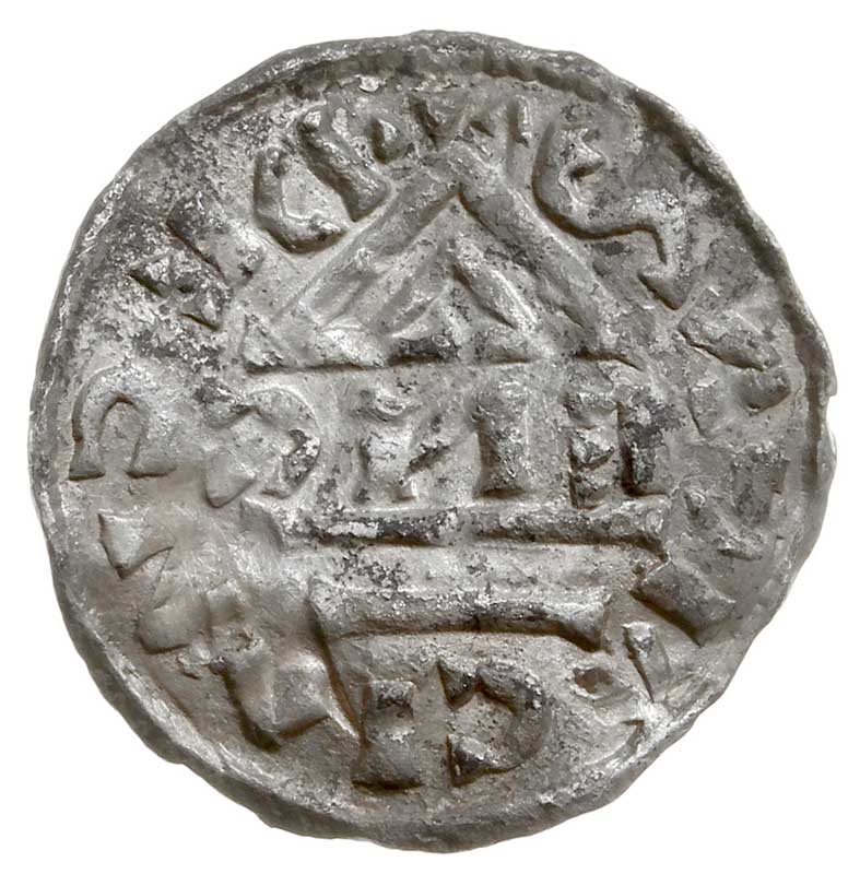 Ratyzbona, książę Henryk IV 995-1002, denar, Aw: Dach kościoła, Rw: Krzyż, srebro 1.18 g, Hahn 25/V-VI/c6.2, Kluge 268