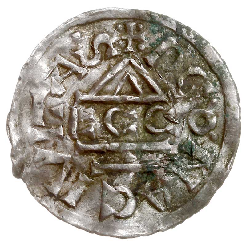 Ratyzbona, Henryk II 1002-1024, denar z lat 1002-1009, Aw: ECC pod dachem kaplicy, Rw: Krzyż, srebro 1.52 g, Hahn 27/IIIB/c1.1, Kluge 85