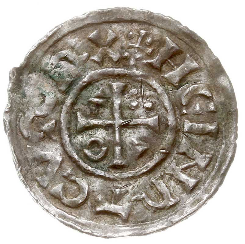 Ratyzbona, Henryk II 1002-1024, denar z lat 1002-1009, Aw: ECC pod dachem kaplicy, Rw: Krzyż, srebro 1.52 g, Hahn 27/IIIB/c1.1, Kluge 85