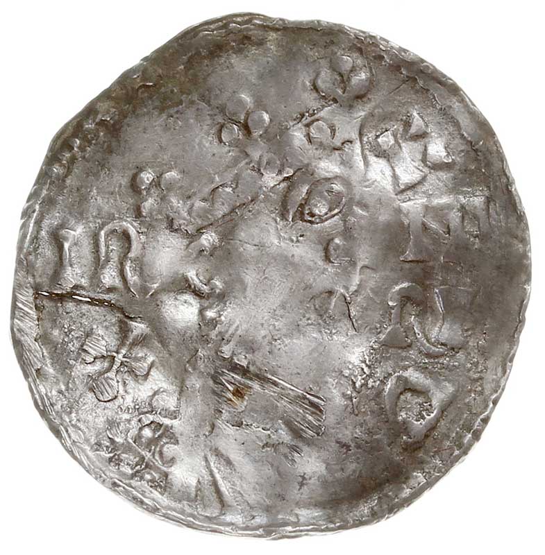 Ratyzbona, Henryk II 1002-1024, denar z lat 1009-1024, Aw: Popiersie w prawo, Rw: Krzyż z kulkami, srebro 1.59 g, Hahn 29/XVIII/a6, Kluge 87