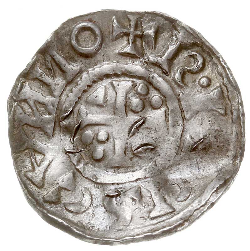 Ratyzbona, Henryk II 1002-1024, denar z lat 1009-1024, Aw: Popiersie w prawo, Rw: Krzyż z kulkami, srebro 1.59 g, Hahn 29/XVIII/a6, Kluge 87