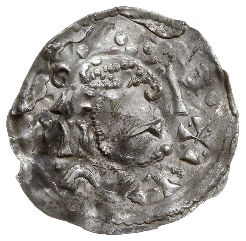 Salzburg, Henryk II 1002-1024, denar z lat 1009-1024, Aw: Popiersie w prawo, Rw: Krzyż, srebro 1.16 g, Hahn 94/XIII/A, Kluge 90