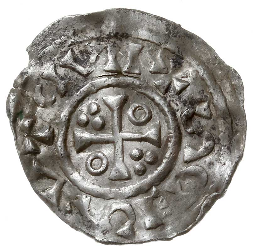 Salzburg, Henryk II 1002-1024, denar z lat 1009-1024, Aw: Popiersie w prawo, Rw: Krzyż, srebro 1.16 g, Hahn 94/XIII/A, Kluge 90