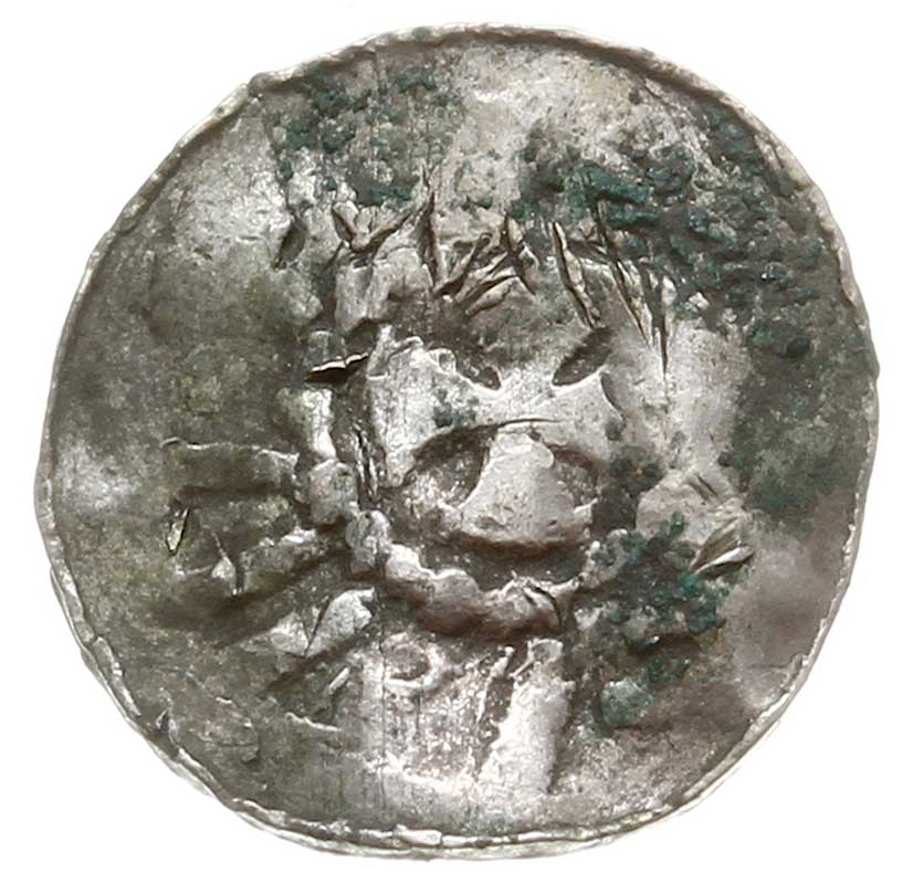 Saksonia, obol krzyżowy XI w., Aw: Kapliczka, Rw: Krzyż kawalerski, srebro 0.56 g, Gum. CNP 466-467, resztki zielonej patyny