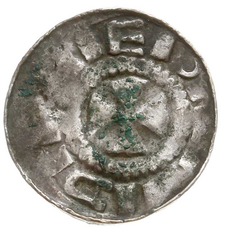 Saksonia, denar krzyżowy XI w., Aw: Krzyż kawalerski, Rw: Krzyż prosty i kółka, srebro 1.11 g, Str. 23, Gum. CNP typ VI, Kluge 51, resztki zielonej patyny