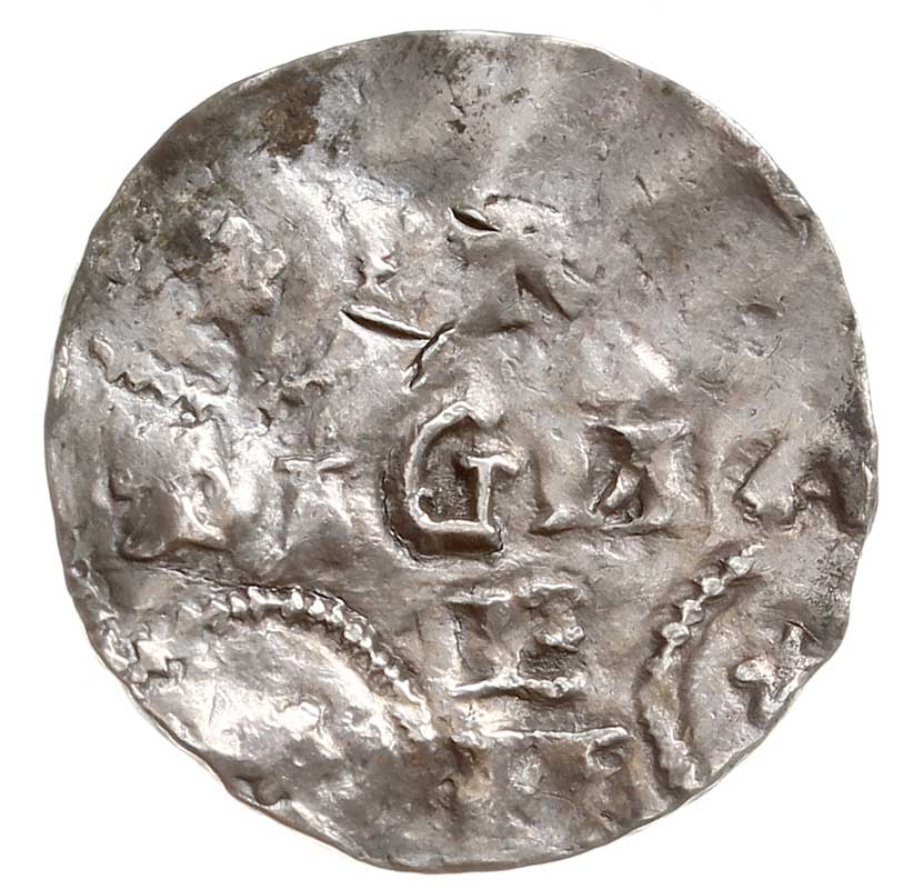 Strassburg, Henryk II 1002-1024, denar, Aw: Korona, Rw: Skomponowany w formie krzyża napis ARGENTINA, srebro 1.11 g, Kluge 80, pogięty
