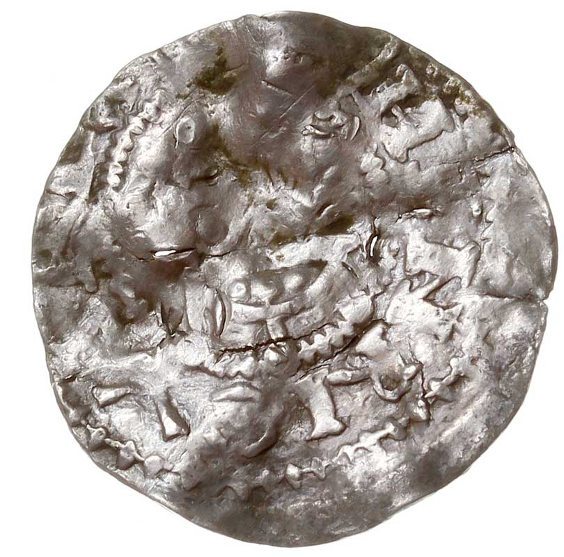 Strassburg, Henryk II 1002-1024, denar, Aw: Głowa w koronie w prawo, Rw: Skomponowany w formie krzyża napis ARGENTINA, srebro 1.31 g, Kluge 81, pogięty
