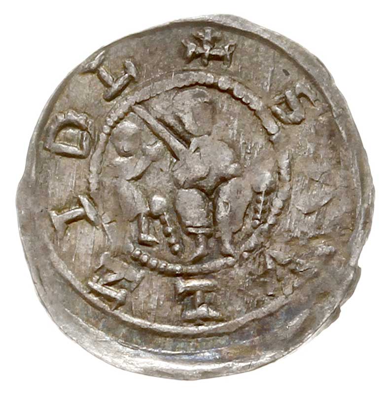 Władysław II Wygnaniec 1138-1146, denar, Aw: Książę na tronie, obok giermek