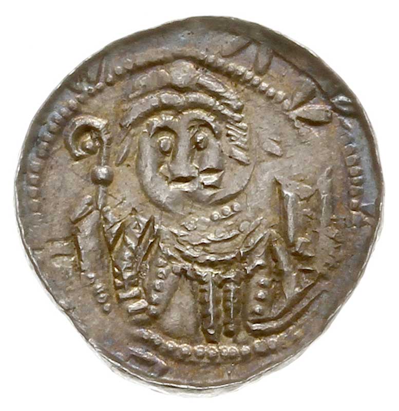 Władysław II Wygnaniec 1138-1146, denar, Aw: Książę z mieczem, Rw: Biskup z pastorałem i biblią, srebro 0.53 g, Str. 42, Such. XVII/1
