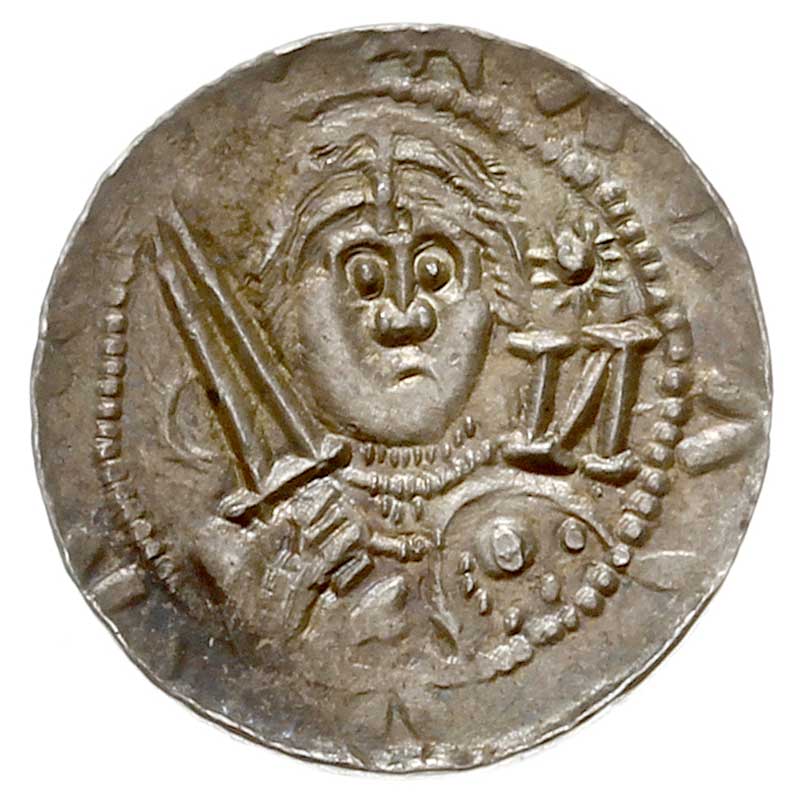 Władysław II Wygnaniec 1138-1146, denar, Aw: Książę z mieczem, Rw: Biskup z pastorałem i biblią, srebro 0.55 g, Str. 42, Such. XVII/1