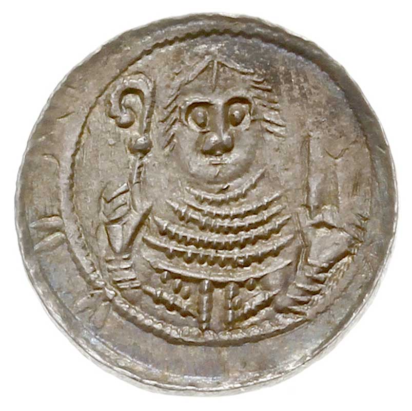 Władysław II Wygnaniec 1138-1146, denar, Aw: Książę z mieczem, Rw: Biskup z pastorałem i biblią, srebro 0.55 g, Str. 42, Such. XVII/1