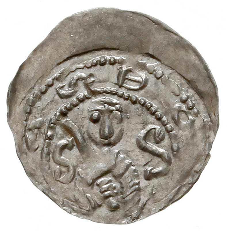 Bolesław IV Kędzierzawy 1146-1173, denar z lat 1157-1166, Aw: Popiersie z mieczem, Rw: Trzej książęta za stołem, srebro 0.34 g, Str. 58, Such. XXI, rzadki