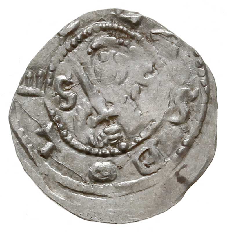Bolesław IV Kędzierzawy 1146-1173, denar z lat 1157-1166, Aw: Popiersie z mieczem, Rw: Trzej książęta za stołem, srebro 0.35 g, Str. 58, Such. XXI, rzadki