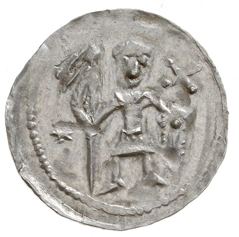 Bolesław IV Kędzierzawy 1146-1173, denar z lat 1146- 1157, Aw: Dwaj książęta, Rw: Rycerz stojący na wprost, srebro 0.52 g, Str. 59, Such. XIX/2