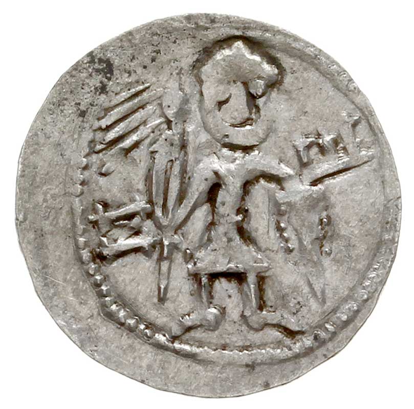 Bolesław IV Kędzierzawy 1146-1173, denar z lat 1146- 1157, Aw: Dwaj książęta, Rw: Rycerz stojący na wprost, srebro 0.53 g, Str. 59, Such. XIX/2
