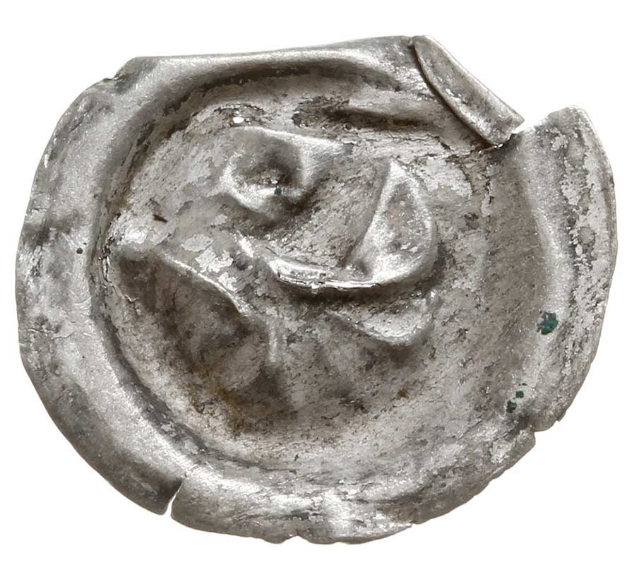 brakteat guziczkowy, koniec XIII w., Orla noga w lewo, Wieleń 131, jak Dbg 122, lecz lekki, srebro 0.18 g, nieco pogięty