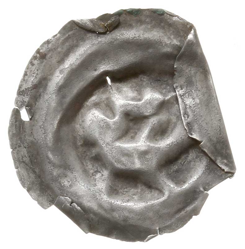 brakteat guziczkowy, koniec XIII w., Delfin (?) w prawo, Sarbsk 93, srebro 0.09 g, zdaniem Dannenberga jest to ryba skręcona w prawo, może z łupem