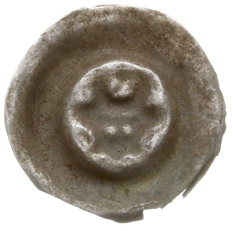 brakteat guziczkowy, początek XIV w., Schematyczna głowa ludzka w koronie na wprost, Przyłęk 14, Lubomia 42, srebro 0.31 g