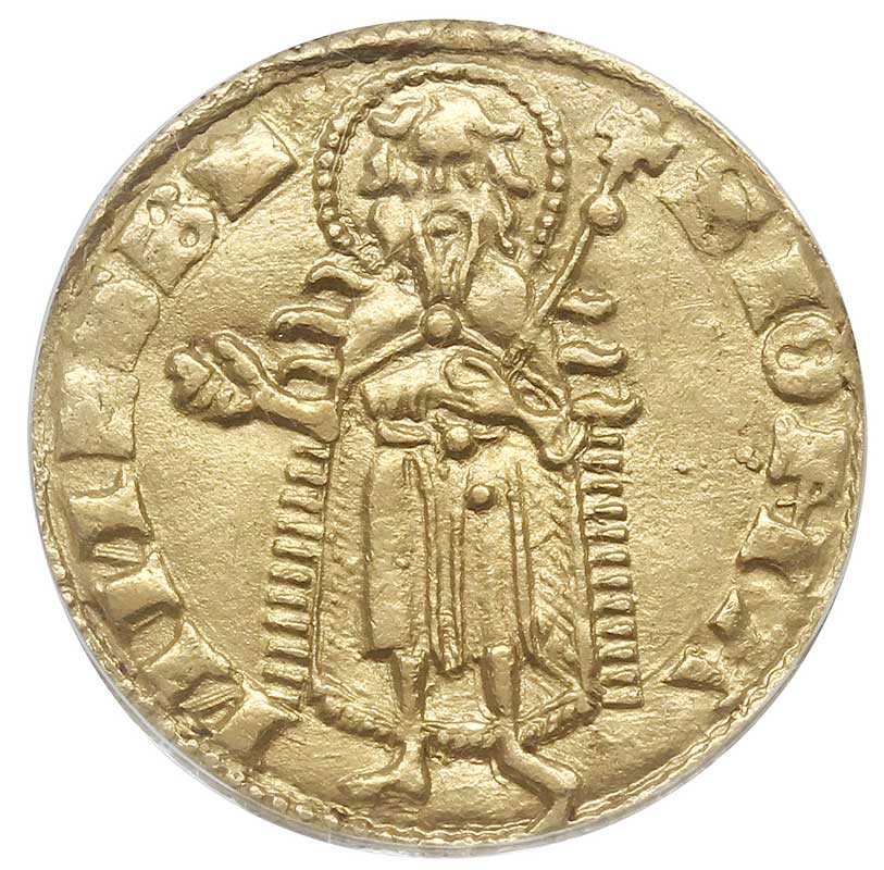 Ludwik Węgierski 1370-1382, goldgulden z lat 1342-1353, Buda, typ z lilią, złoto, R. 62, Pohl B1, Huszar 512, moneta w pudełku firmy PCGS z certyfikatem MS62, z kolekcji Hesselgessera, piękny egzemplarz