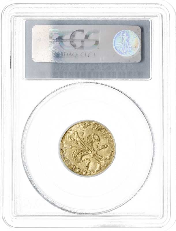 Ludwik Węgierski 1370-1382, goldgulden z lat 1342-1353, Buda, typ z lilią, złoto, R. 62, Pohl B1, Huszar 512, moneta w pudełku firmy PCGS z certyfikatem MS62, z kolekcji Hesselgessera, piękny egzemplarz