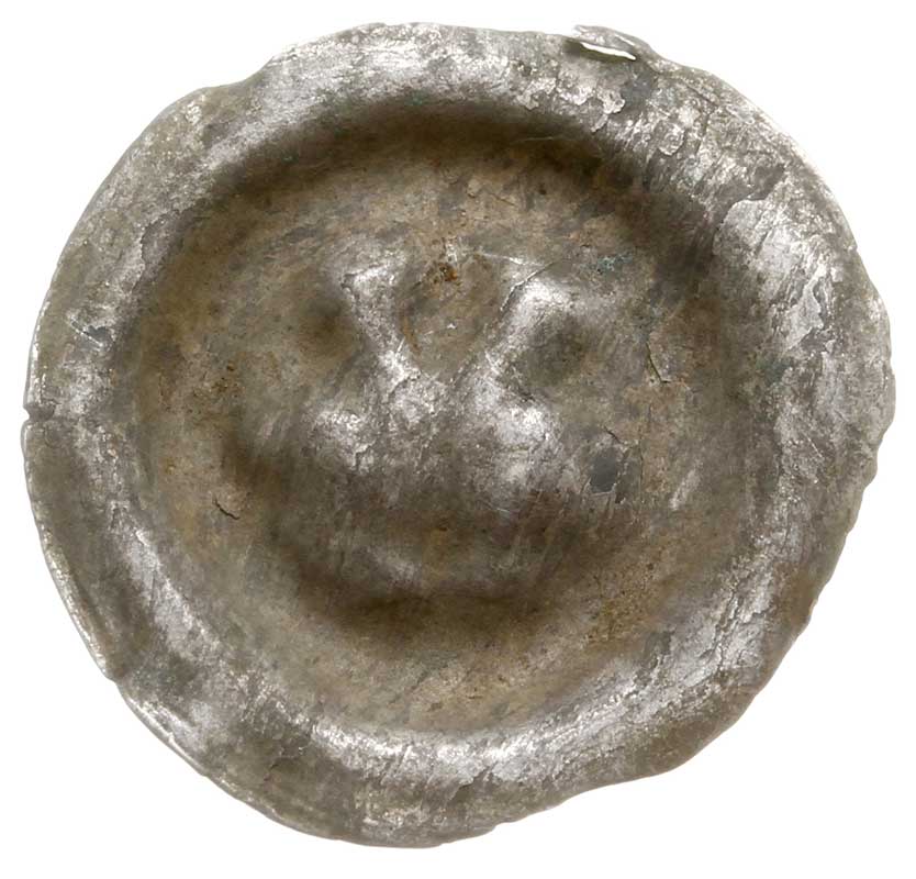 brakteat guziczkowy, XIII/XIV w., Lilia o dużych, wygiętych bocznych płatkach i szerokim, trójdzielnym korzeniu, Dbg 107 (?), srebro 0.39 g