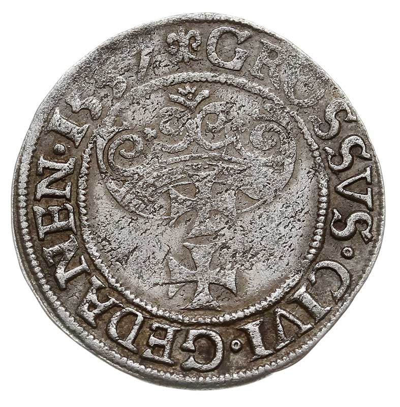 grosz 1557, Gdańsk, typ późniejszy z dużą głową króla, T. 4, wada blachy, rzadki, patyna