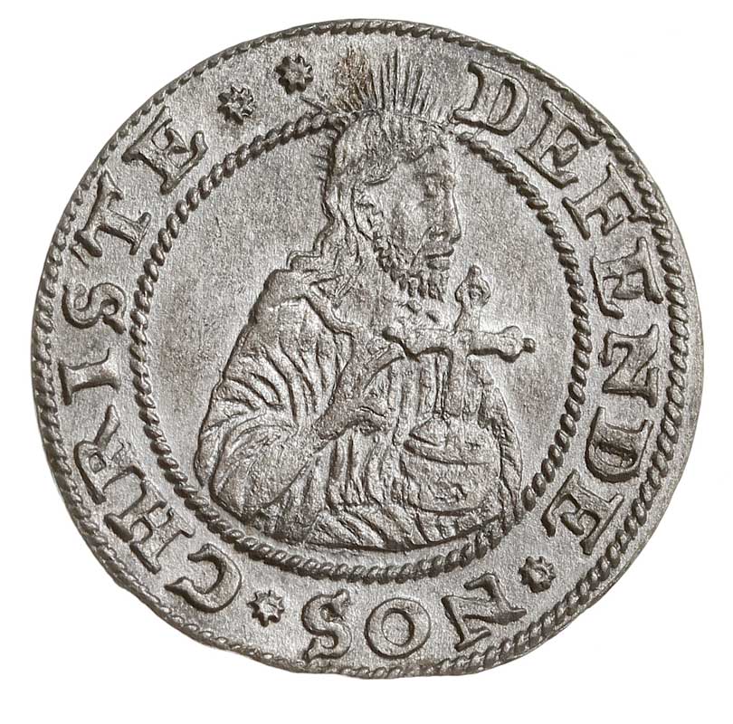 grosz oblężniczy 1577, Gdańsk, wybity w czasie gdy zarządcą mennicy był K. Goebl, na awersie głowa Chrystusa nie wystaje poza wewnętrzną obwódkę i napis otokowy zakończony dwoma gwiazdkami, T. 2.50, moneta wybita nieco uszkodzonym stemplem, ale ładnie zachowana