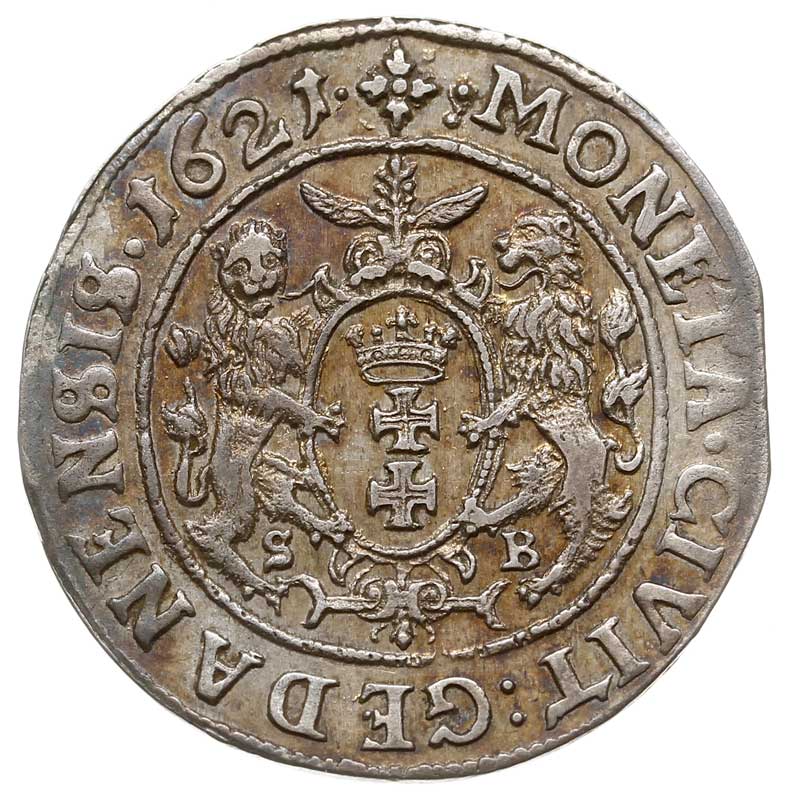 ort 1621, Gdańsk, rzadka odmiana bez literek S.A. (medaliera Samuela Ammona) i bez mikrodaty na rewersie, tęczowa patyna