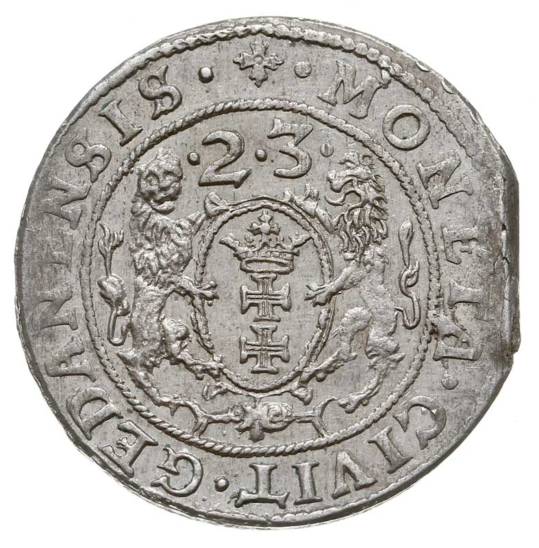 ort 1623, Gdańsk, na awersie końcówka napisu D L R PRV, moneta wybita z krawędzi blachy, bardzo ładny połysk menniczy