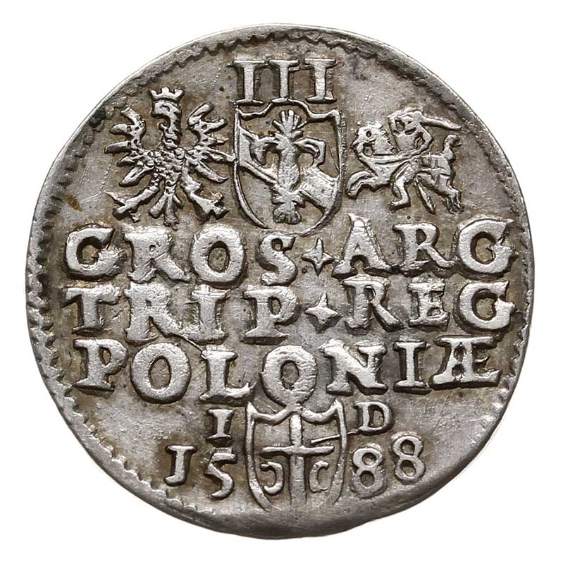 trojak 1588, Olkusz, Iger O.88.8.d (R1), na awersie tuszem zaznaczony nr inwentarzowy starej kolekcji