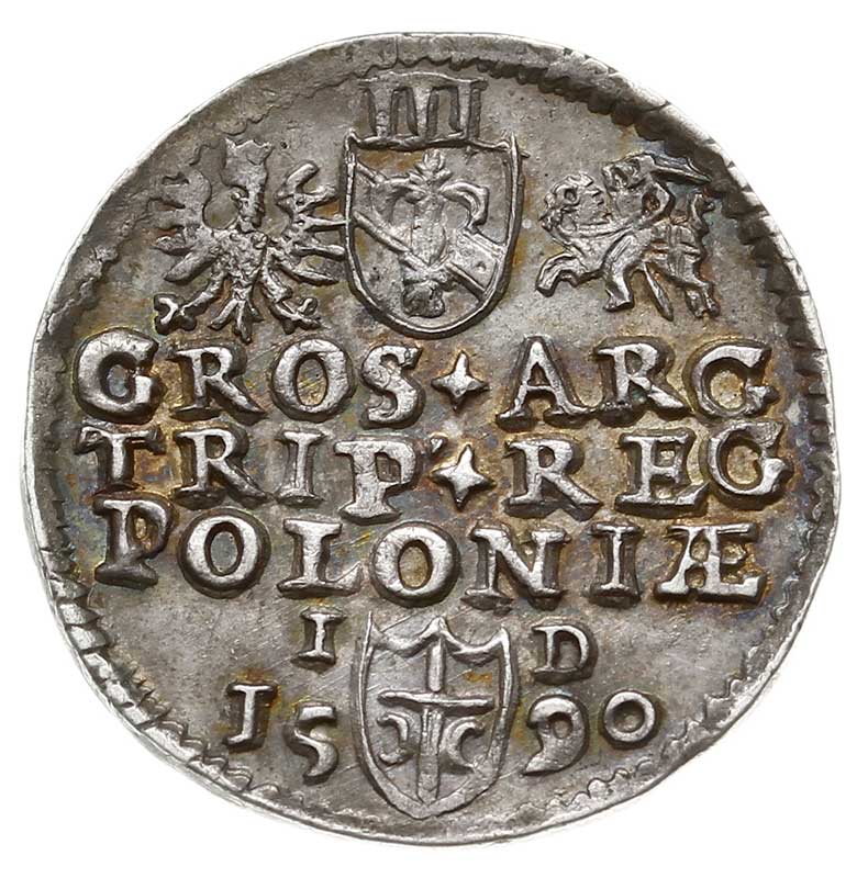 trojak 1590, Olkusz, odmiana z herbem Przegonia podskarbiego Jana Dulskiego, Iger O.90.1.a (R1), patyna