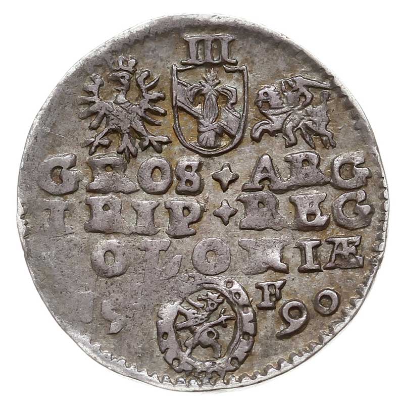 trojak 1590, Olkusz, odmiana z herbem Lewart podskarbiego Jana Firleja w ozdobnej tarczy, Iger O.90.3.g (R1)