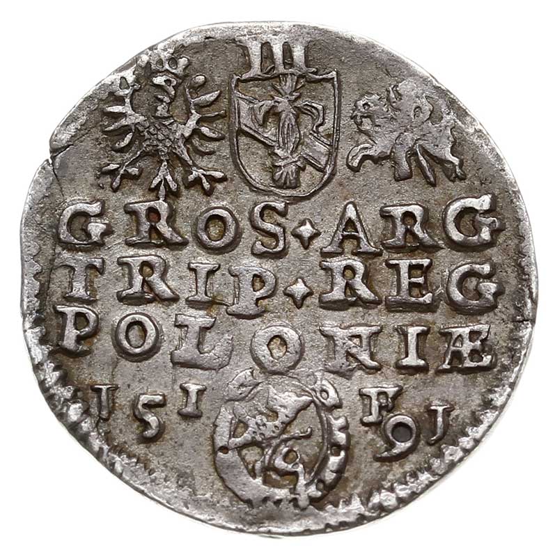 trojak 1591, Olkusz, Iger O.91.1.e (R1) (popiersie typ d, ale napis M D L), patyna