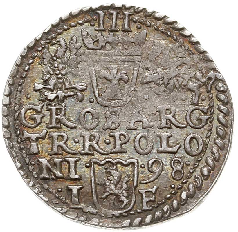trojak 1598, Olkusz, typ popiersia króla z 1596 roku, Iger O.98.1.d (pod popiersiem króla cztery kropki), patyna