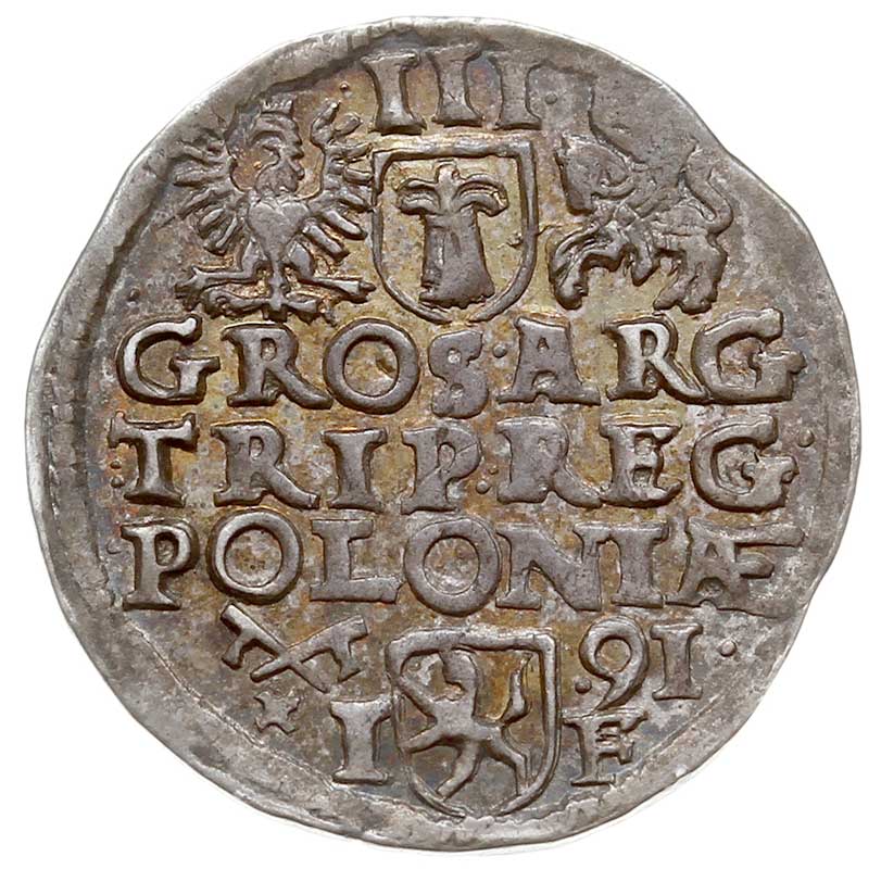 trojak 1591, Poznań, na awersie szeroka twarz kr