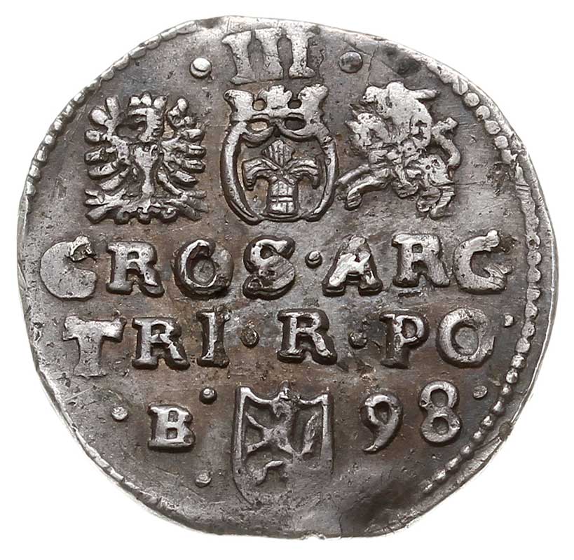 trojak 1598, Bydgoszcz, litera B z lewej strony herbu Lewart podskarbiego Jana Firleja, Iger B.98.7.a (R1), patyna