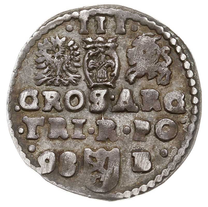 trojak 1598, Bydgoszcz, Iger B.98.5.d/e, na awersie numer inwentarzowy starej kolekcji, patyna