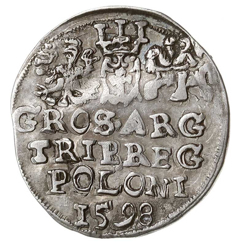 trojak 1598, Lublin, Iger L.98.4.a (R), na awersie ślad dwukrotnego uderzenia stemplem, lekko gięty i prostowany