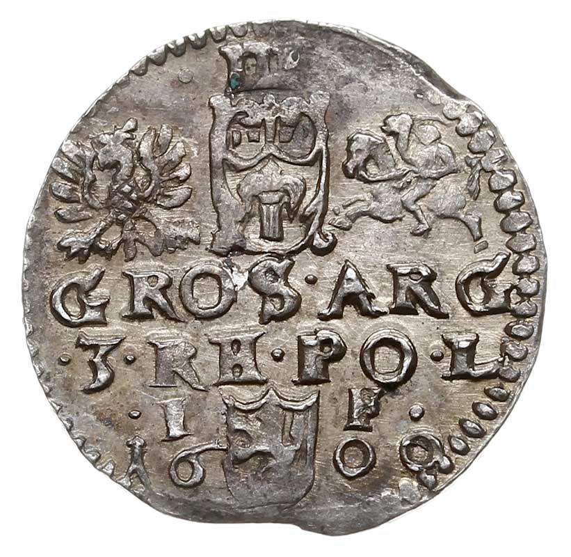 trojak 1600, Lublin, Iger L.00.2.a (małe herby i drobne litery), moneta wybita z krawędzi blachy, patyna