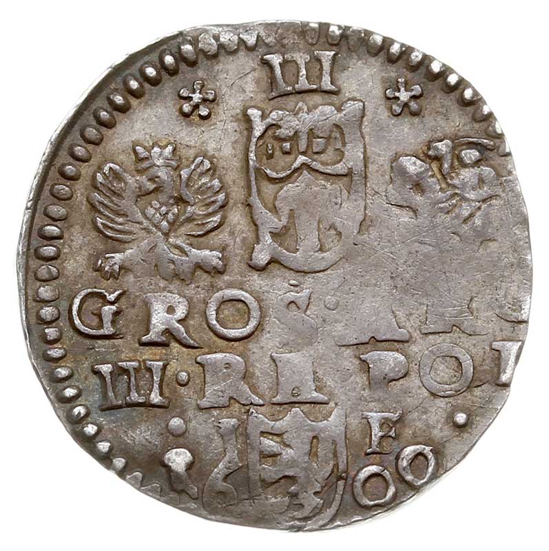 trojak 1600, Lublin, popiersie króla z kołnierzem, Iger L.00.1.f, na awersie numer inwentarzowy starej kolekcji, patyna