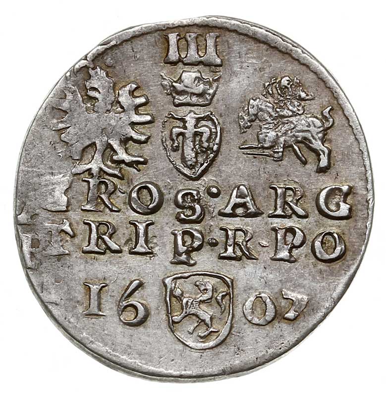trojak 1607, Kraków, Iger K.07.1.c (R5), ale bez ozdobników pod datą, T. 20, moneta wybita z krawędzi blachy, drobna numizmatyczna wada tłoczenia, bardzo rzadki, delikatna patyna