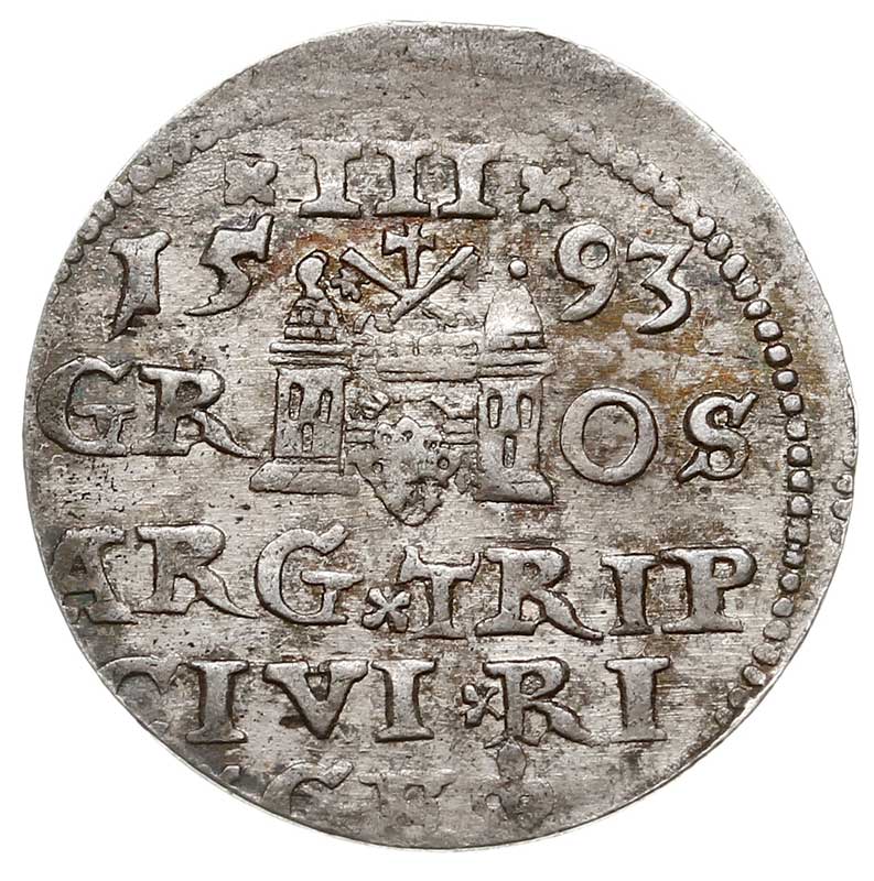 trojak 1593, Ryga, nieco rzadsza odmiana z końcówką napisu LI na awersie, Iger R.93.1.a (R), Gerbaszewski 24, patyna