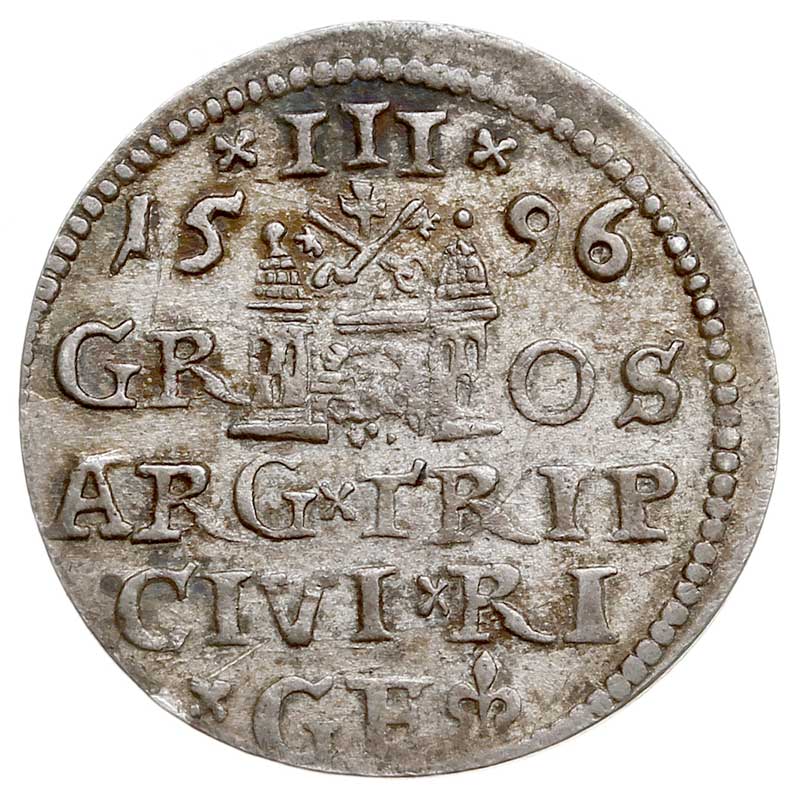 trojak 1596, Ryga, Iger R.96.1.d, Gerbaszewski  17, moneta wybita uszkodzonym stemplem, delikatna patyna