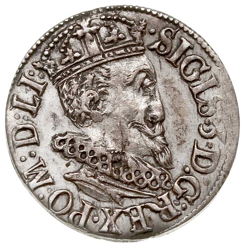 trojak 1619, Ryga, odmiana z małą głową króla, Iger R.19.1.e (R3), Gerbaszewski podobny 1.15 (ale na awersie inna interpunkcja), T. 3, rzadki, patyna