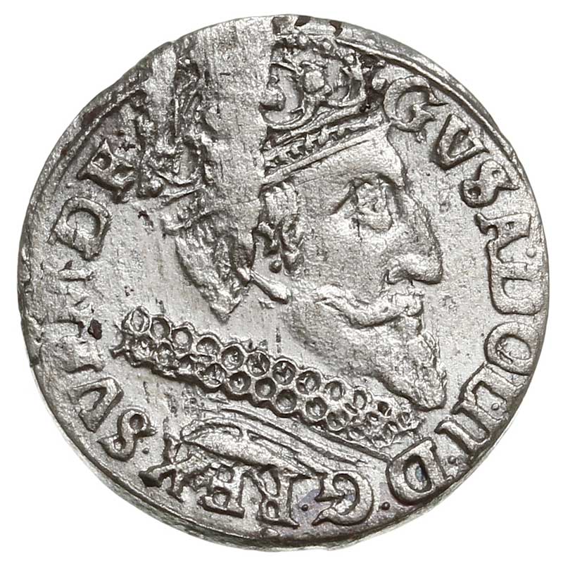 trojak 1632, Elbląg, okupacja szwedzka z tytulaturą Gustawa Adolfa -emisja miejska, Iger E.32.1.a (R), nieco odmienny, AAJ 21, rzadki, wybity nieco uszkodzonym stemplem, ładnie zachowany jak na ten typ monety